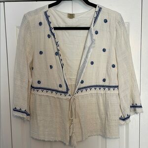 White & Blue Embroidered Boho/Grecian Cardigan